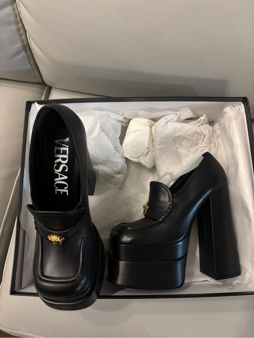 Versace Black Leather Platform Heel Loafers with Gold Medusa